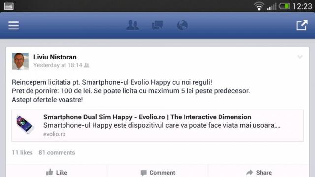 <b>Licitează pentru un smartphone Evolio Happy, preț de pornire 100 lei!</b>Cu siguranță ați auzit de Evolio, una dintre cele mai de succes firme românești alături de Allview și E-Boda, ce vinde tablete rebranduite din China. Recent Evolio a intrat și pe piața de telefoane low cost, dual SIM, pe care Allview o domină...