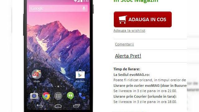 <b>Nexus 5 deja disponibil În România; Prețul e atractiv!</b>Avem două vești bune: Nexus 5 a ajuns deja în România, iar doi, prețul său nu e exagerat, mai ales față de cel al lui Nexus 4 anul trecut la sosirea în țară. evoMAG.ro are terminalul anunțat aseară în ofertă să deja și el figurează și...