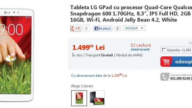 <b>Tableta LG G Pad 8.3 este disponibilă de astăzi În stocul eMAG</b>După ce pe eMAG, LG G Pad apărea la precomandă acum câteva zile, iată că de astăzi o puteți achiziționa, aceasta fiind oficial în stocurile magazinului. în paranteză fie spus, se zvonește că LG G Pad 8.3 ar fi la baza...