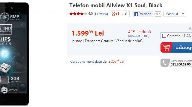 <b>Allview X1 Soul disponibil acum și la eMAG.ro la prețul de 1.599 lei</b>Allview X1 Soul, smartphone-ul high end pe care îl avem acum în teste de la Allview a sosit și în oferta eMAG.ro. Retailerul vinde acest terminal la prețul de 1.599 lei, în varianta de culoare neagră. &nbsp; Telefonul a fost lansat luna trecută...