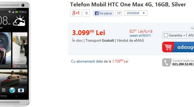 <b>HTC One Max ajunge la eMAG.ro, costă mai puțin decât Galaxy Note 3</b>După ce vă informam ieri că telefonul Allview X1 Soul a ajuns la eMAG.ro, astăzi același retailer pune în vânzare phabletul HTC One Max. E vorba despre un device cu ecran de 5.9 inch, unul care costă cu 100 de lei mai puțin decât Samsung Galaxy...