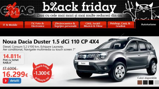 <b>eMAG.ro include În oferta Black Friday 2013 tablete la 100 de lei, frigidere la 500 de lei și chiar și autoturisme!</b>eMAG.ro a realizat o premieră cu ocazia Black Friday, scoțând la vânzare 63 de autoturisme Dacia, Ford, Mitsubishi, Hyundai și Mercedes-Benz în valoare însumata de 1 milion de euro.&nbsp; &nbsp; Retailerul oferă reduceri exclusiv pentru clienții...