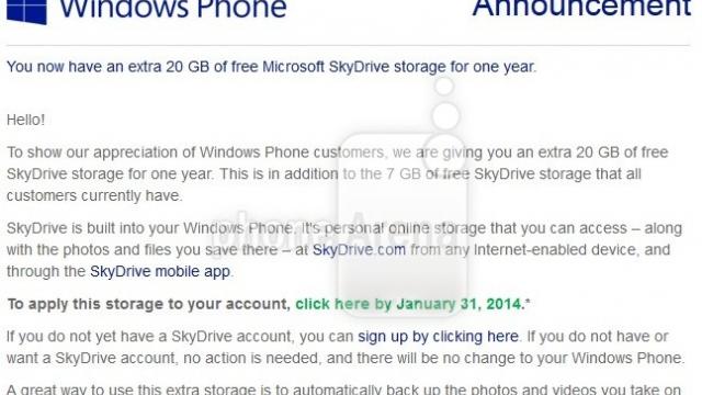<b>Microsoft oferă Încă 20 GB gratuit În SkyDrive pentru utilizatorii Windows Phone</b>înainte de Crăciun Microsoft face un mic cadou utilizatorilor Windows Phone, oferindu-le încă 20 GB stocare în cloud pentru SkyDrive. Până acum primeați în jur de 7 GB gratuit, iar nouă ofertă de 20 GB se aplică doar pe un an. &nbsp; Avantajul...