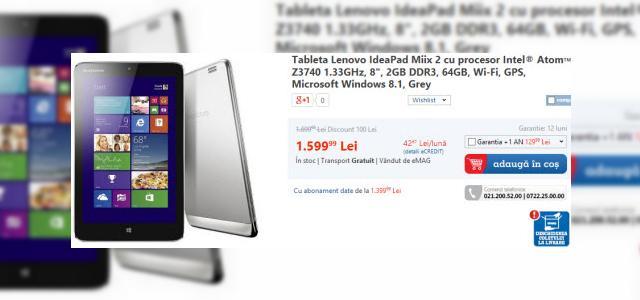 <b>Lenovo IdeaPad Miix 2, o tabletă Windows 8.1 de 8 inch cu preț atractiv la eMAG.ro</b>Dacă în 2013 știam de la începutul anului ca piața tabletelor va fi dominată de modele de 7-8 inch, în acest an tabletele cu ecran mic și Windows 8.1 ar putea fi hituri. E cazul lui Lenovo IdeaPad Miix 2, pe care îl găsiți acum la eMAG.ro, la...