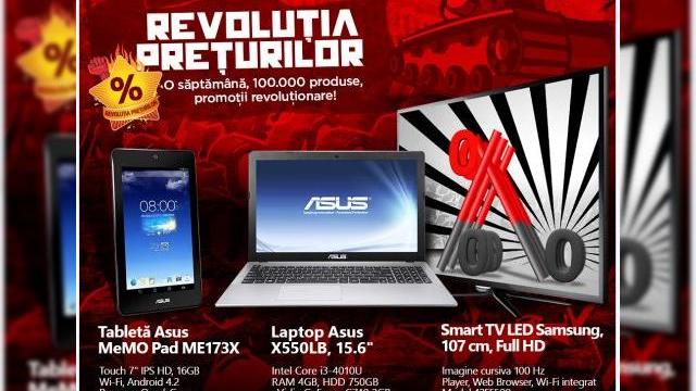 <b>eMAG.ro oferă 100.000 de produse la prețuri reduse: 1300 lei reducere la ultrabook, 400 lei reducere la iPad Mini</b>eMAG.ro da startul unei noi serii de reduceri, oferind timp de o săptămână promoții pentru 100.000 de produse din oferta sa. Printre acestea se numără și tableta ASUS MeMO Pad ME173X, care e trecută cu un "PREȚ șOC", pe care îl aflați mai...
