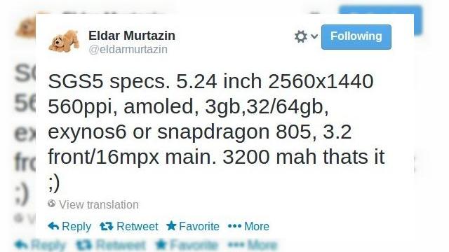 <b>Samsung Galaxy S5 Își dezvăluie specificațiile prin tweetul unei "guri de aur" (Zvon)</b>în ultimii 6 ani pot spune că au existat două mega surse de scăpări, care au venit mai ales prin intermediul lui Twitter. E vorba despre @evleaks și despre Eldar Murtazin, acesta din urmă fiind un blogger rus, care în ultima vreme nu le mai...