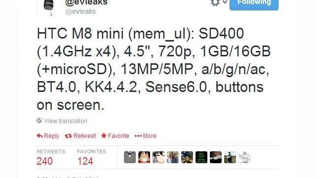 <b>Posibilele specificații ale lui HTC M8 Mini dezvăluite pe Twitter</b>Dacă în ultimul timp, zvonurile majore apărute pe internet l-au avut în vizor pe HTC M8, se pare că nici varianta mini a acestuia nu este neglijată. Recent, Evan Peters, omul din spatele contului de Twitter @evleaks, a postat o listă de...