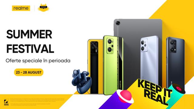 <b>realme porneşte festivalul reducerilor Summer Festival, cu oferte bune pentru numeroase produse</b>realme anunţă debutul unui festival al reducerilor, o campanie de reduceri numită Summer Festival, care are loc între 23 şi 28 august 2022. Se desfăşoară la magazinele partenere evoMAG, cel.ro şi eMAG şi aduce reduceri atractive