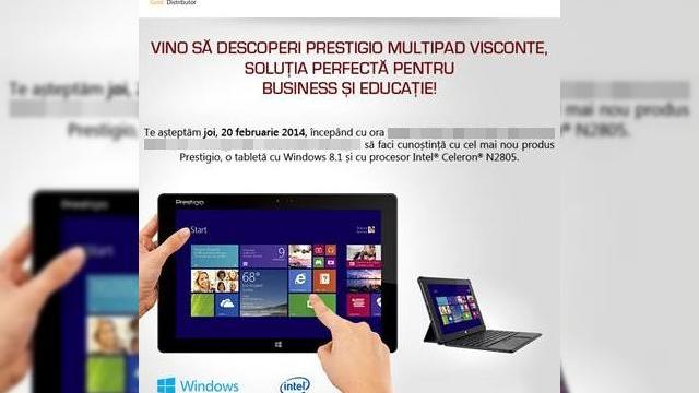 <b>Prestigio va lansa local săptămâna aceasta Multipad Visconte; prima tabletă cu Windows din portofoliu</b>Cei de la Prestigio anunță astăzi prin intermediul unui comunicat de presă, lansarea primei tablete din gamă ce va sosi cu sistemul de operare Windows 8.1. Tableta Prestigio va fi dezvăluită în cadrului unui eveniment ce va avea loc pe 20...
