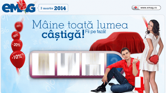 <b>eMAG.ro te așteaptă pe site mâine! De ce? Pentru că... automobile (premiu)</b>eMAG.ro a postat pe site-ul sau unnou teaser, care ne promite în curând reduceri de 10, 20 și 50% și un premiu fantastic, care ar putea fi din nou o mașină. După acel BMW din urmă cu câteva luni acum ne pregătim de un nou automobil, acoperit cu...