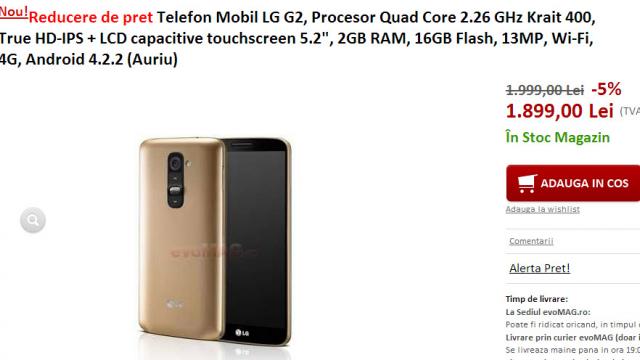 <b>LG G2 auriu acum la preț bun la evoMAG.ro; Arată bine și costă sub 2000 lei!</b>LG G2, unul dintre telefoanele LG cele mai apreciate în 2013, dacă nu chiar cel mai popular model LG a primit nu cu mult timp în urmă și o versiune aurie. Aceasta este disponbila la evoMAG.ro cu un preț foarte bun, pe care îl aflați în rândurile...