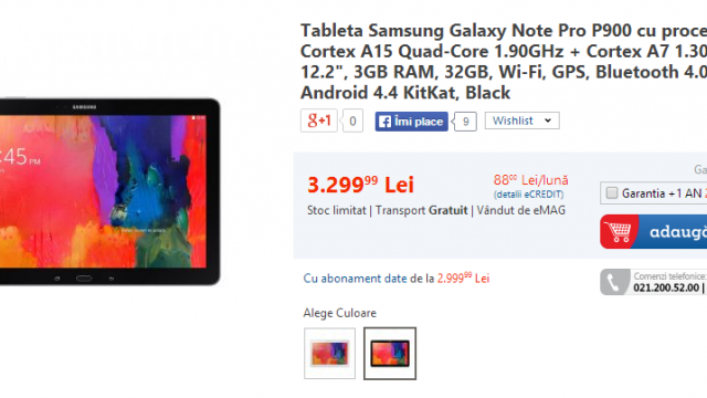 <b>Samsung Galaxy NotePro P900 12.2 disponibil de astăzi prin intermediul eMAG.ro !</b>Odată cu lansarea noii generații de tablete Galaxy Note, cei de la Samsung au introdus și o versiune Pro care vine cu un display de 12.2 inch, dimensiune ce poate părea apropiată de cea a unui notebook. Noua tabletă Galaxy NotePRO 12.2 poate fi...