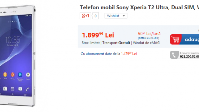 <b>Sony Xperia T2 Ultra disponibil prin eMAG.ro și evoMAG.ro!</b>Anunțat oficial acum 2 luni, noul phablet Sony a ajuns de curând și pe plan local prin intermediul retaileri-lor eMAG.ro și evoMAG.ro, magazine online ce afișează un preț de vânzare similiar, situat în jurul valorii de 1.900 lei. Din punct...