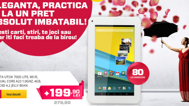 <b>Altex oferă noi reduceri pentru tabletele din stoc! UTOK 700D Lite disponibilă acum pentru doar 199 lei</b>Cei de la Altex ne încântă cu o nouă ofertă specială pentru o tabletă de 7 inch, și anume modelul UTOK 700D Lite, device ce beneficiază de o reducere de 80 lei. Astfel, tableta UTOK 700D Lite poate fi achiziționată pentru suma de doar 199 lei....