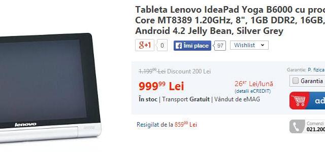 <b>Lenovo Yoga Tablet, tableta cu mega baterie a lui Ashton Kutcher scade sub 1000 lei la eMAG.ro</b>Lenovo Yoga Tablet este un device care a stârnit multe discuții, datorită formatului sau inedit și a bateriei ce promite 18 ore de funcționare. Ca să nu mai vorbim de promovarea pe care i-o face insistent Ashton Kutcher în celebrele clipuri de pe...