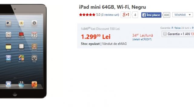 <b>eMAG.ro oferă tableta iPad Mini În varianta cu 64 GB și conectivitate WiFi pentru doar 1.299 lei</b>Odată cu lansarea ofertei speciale de reduceri oferită de eMAG.ro, oferă denumită Crazy Days, am dat și peste o tabletă cu o reducere destul de mare, și anume iPad Mini. Aceasta beneficiază de o reducere de 550 lei în versiunea de culoare neagră...