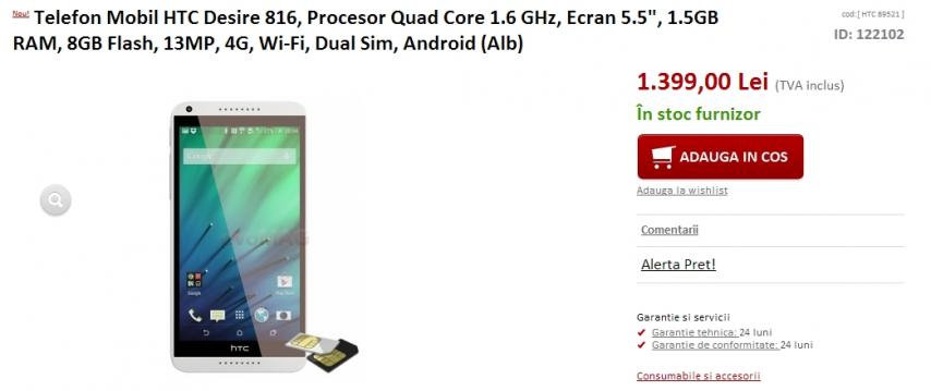 <b>Phablet-ul HTC Desire 816 disponibil de astăzi și prin intermediul evoMAG.ro</b>După ce la începutul acestei luni, HTC Desire 816 era disponibil în stocurile unor retaileri ca și eMAG, respectiv Quickmobile, iată că device-ul în cauză ajunge astăzi și la evoMAG.ro, magazin online ce afișează un preț de 1.399 lei pentru...