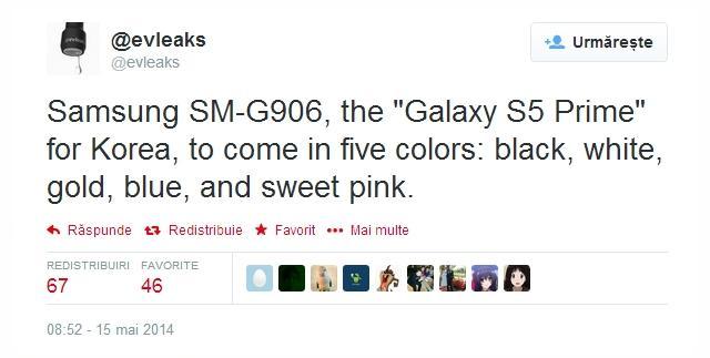 <b>Samsung Galaxy S5 Prime (SM-G906) se va lansa pe piața din Coreea În 5 variante de culoare: alb, negru, auriu, albastru și roz</b>în cursul zilei de ieri, celebrul zvonac @evleaks a postat un nou update pe contul său de Twitter prin care face referire la faptul că mult-vehiculatul Samsung Galaxy S5 Prime va fi cunoscut sub numele de serie SM-G906 și va sosi pentru început pe...