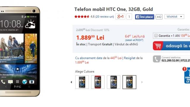 <b>HTC One (M7) În versiunea aurie de 32 GB beneficiază de o reducere de 10% prin eMAG.ro și costă acum 1.889 lei</b>După cum unele tendințe din ultima vreme dictează, producătorii de terminale mobile nu au stat pe gânduri și au scos pe piață terminale în nuanța de culoare aurie. Un astfel de exemplu este și flagship-ul HTC de anul trecut, și anume HTC One...
