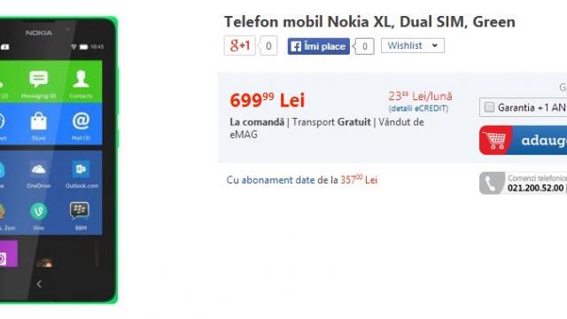 <b>Nokia XL disponibil acum și prin intermediul eMAG.ro la un preț de 699 lei</b>După ce săptămâna trecută vă anunțam cu privire la faptul că Nokia XL a ajuns în stocurile celor de la QuickMobile.ro în premieră la un preț de 799 lei, iată că acum device-ul în cauză este disponibil și prin intermediul eMAG.ro la un...