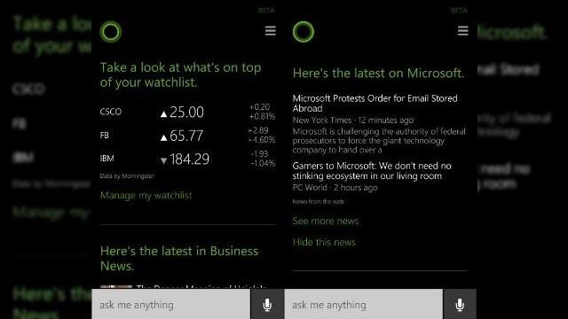 <b>Cortana din Windows Phone 8.1 primește o actualizare, include știri și informații financiare</b>Microsoft a început să actualizeze experienta Cortana de la începutul acestei săptămâni, oferind noi informații utilizatorilor prin acest asistent virtual. Update-ul aduce și informații despre acțiuni și știri pe subiecte personalizate. &nbsp;...