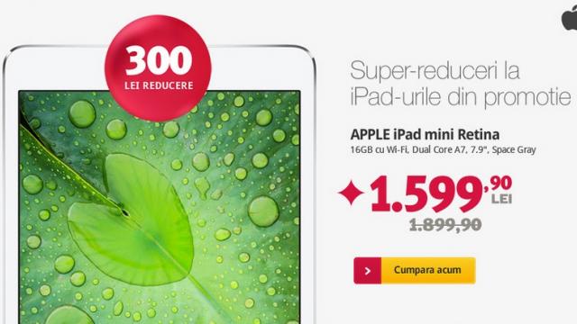 <b>Altex oferă o serie de reduceri speciale pentru tabletele din stoc; Apple iPad Mini Retina disponibilă la un preț de 1.599 lei</b>Iată că astăzi, în ziua în care Campionatul Mondial de Fotbal 2014 ne bate la ușă, cei de la Altex ne oferă o serie de reduceri speciale pentru tabletele din stoc, dispozitive ce ne pot ține la curent cu situația meciurilor disputate între...