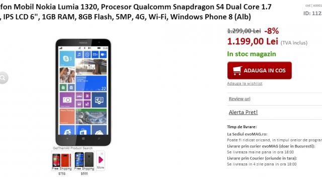 <b>evoMAG.ro oferă o serie de reduceri speciale pentru smartphone-urile din stoc; Nokia Lumia 1320 costă acum 1.199 lei!</b>Astăzi, cei de la evoMAG.ro vin în întâmpinarea noastră cu o nouă serie de oferte pentru smartphone-urile din stoc. Astfel, vom beneficia de reduceri de până la 20% la o gamă destul de cuprinzătoare de device-uri. &nbsp; Printre acestea regăsim...