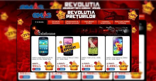 <b>Campania de reduceri &ldquo;Revoluția prețurilorâ€ organizată de eMAG devine al doilea cel mai de amploare eveniment de shopping după BlackFriday</b>Iată că după ce a debutat în această dimineață, evenimentul de shopping &ldquo;Revoluția prețurilor&rdquo; organizat de către eMAG a înregistrat în doar 5 ore vânzări de 7 milioane de lei, aceasă cifră reprezentând un procent de aproape...