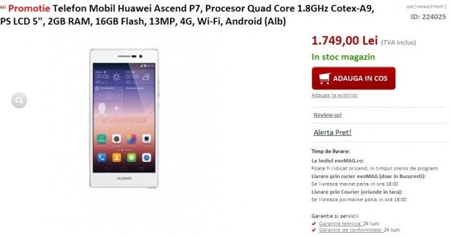 <b>Huawei Ascend P7 disponibil acum și În oferta evoMAG.ro la un preț de 1.749 lei</b>După ce luna trecută, mai precis pe data de 11 iunie, Huawei Ascend P7 ajungea în stocurile celor de la eMAG.ro, iată că astăzi terminalul în cauză poate fi achiziționat și prin intermediul evoMAG.ro, retailer ce afișează un preț de 1.749...
