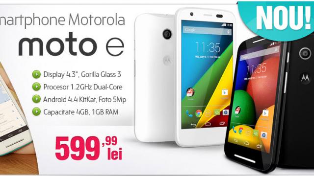<b>Motorola Moto E e disponibil acum la Clickshop.ro la un preț accesibil</b>Anunțat cu câteva luni în urma drept un nou model accesibil de la Motorola, Moto E este acum disponibil la Clickshop.ro. Terminalul costă 599.99 lei și e disponibil pe alb sau negru. Considerat un soi de urmaș pentru Motorola Moto G, telefon...