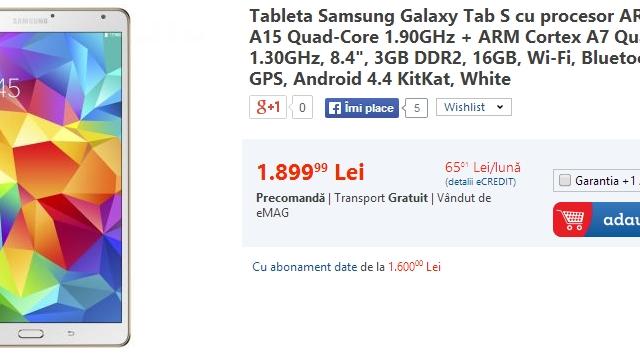 <b>Tabletele Samsung Galaxy Tab S 8.4 și Tab S 10.5 ajung pe eMAG Înainte de lansarea oficială din România ce va avea loc astăzi</b>După cum aflați săptămâna trecută, astăzi cei de la Samsung vor organiza un eveniment de presă cu ocazia lansării noii game de tablete Galaxy Tab S ce este compusă din două modele cu diagonale diferite, mai precis o versiune de 8.4 inch și o...