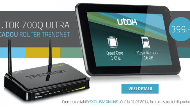 <b>Achiziția unei tablete UTOK 700Q Ultra Îți aduce cadou un router Trendnet până la 31 iulie</b>Prin intermediul unui newsletter, iată că cei de la UTOK ne anunță despre o ofertă foarte atractivă de care vom beneficia odată cu achiziția unei tablete UTOK 700Q Ultra. Astfel, în limita stocului disponibil, persoanele care comandă acest model...