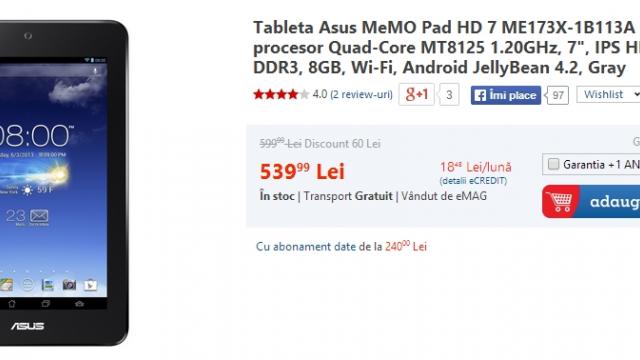 <b>eMAG oferă reduceri de până la 16% la tabletele din stoc; Asus MeMO Pad HD 7 disponibilă la prețul de 539 lei</b>Iată că astăzi, cei de la eMAG aplică o serie de reduceri destul de atractive pentru tabletele din stoc, printre care se numără modele de la firme consacrate, cum ar fi Lenovo, Asus, sau Samsung. Astfel, vom putea achiziționa o nouă tabletă cu...