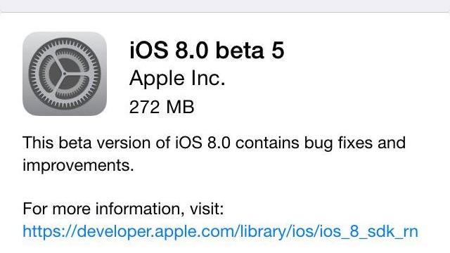 <b>Apple lansează iOS 8 beta 5, disponibil acum pentru dezvoltatori</b>Luna viitoare ar trebui să sosească iOS 8 în versiunea finală, dar până atunci ne pregătim de un nou beta. E vorba despre iOS 8 beta 5, care a fost oferit dezvoltatorilor în această săptămână. Noul software ocupă 272 MB și aflați mai multe...