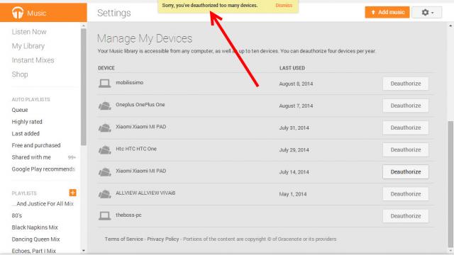 <b>Google Play Music din nou limitat la 4 deautorizari de terminal pe an!</b>Din ciclul "hai să îi pedepsim pe cei care schimba telefonul sau ROM-ul", Google a introdus din nou în Play Music o limită de 4 terminale ce pot fi deautorizate în acest serviciu pe an. Acest lucru ar putea pune probleme celor care schimbă des...