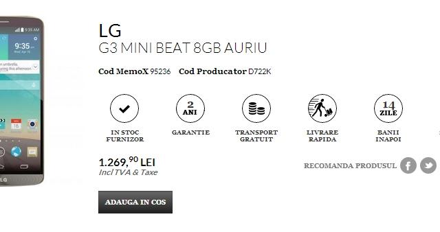 <b>LG G3 Beat (Mini) ajunge acum În România prin Quickmobile.ro la un preț de 1.269 lei</b>După ce anul trecut terminalul flagship LG G2 a beneficiat de o versiune mini, iată că aceeași tactică s-a aplicat și acum asupra lui LG G3, device ce a stat la baza modelului cu ecran ceva mai mic, și anume LG G3 Beat. Acesta este disponibil...