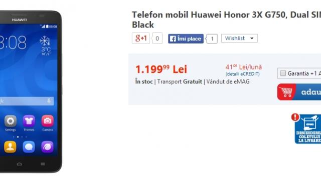 <b>Huawei Honor 3X ajunge prin eMAG la un preț de 1.199 lei; primim un display HD de 5.5 inch și un procesor octa-core</b>în cursul zilei de astăzi, cei de la eMAG au introdus în oferta de telefoane mobile un nou model al celor de la Huawei, și anume Honor 3X G750, device ce a fost anunțat oficial în luna decembrie a anului trecut. Cu toate că este lansat pe piață...