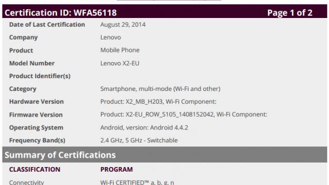 <b>Lenovo Vibe X2 primește certificarea WiFi pentru piața europeană, va fi prezentat la IFA 2014 săptămâna viitoare</b>Lenovo Vibe X2 a apărut deja în fotografii scăpate pe web ieri, iar azi primește certificarea pentru piața europeană, sub forma versiunii Lenovo X2-EU. Acest device urmează să fie prezentat la IFA 2014 săptămâna viitoare și îl așteptam în...