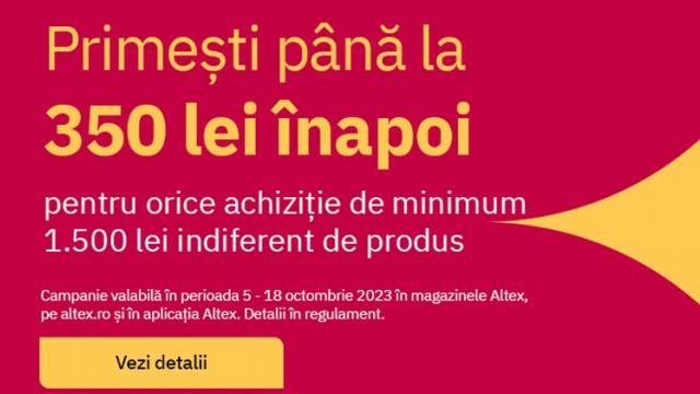 <b>Altex şi Media Galaxy oferă cashback la cumpărături de minim 1500 de lei</b>Începând din această săptămână Altex şi Media Galaxy desfăşoară o nouă campanie tip Cashback. Prin intermediul său clienţii primesc înapoi până la 350 de lei pentru cumpărături de minimum 1500 de lei. Detalii aflaţi mai jos


