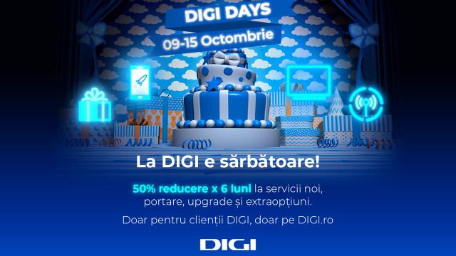 <b>Digi Days revine în perioada 9 - 15 octombrie și îți aduce 50% reducere în primele 6 luni la adăugarea oricărui serviciu nou</b>Ești abonat DIGI și plănuiai să faci un upgrade pentru abonamentul actual sau să adaugi o extraopțiune? Află că în perioada 9 - 15 octombrie vei beneficia de 50% reducere în primele 6 luni, la adăugarea oricărui serviciu nou, a unei