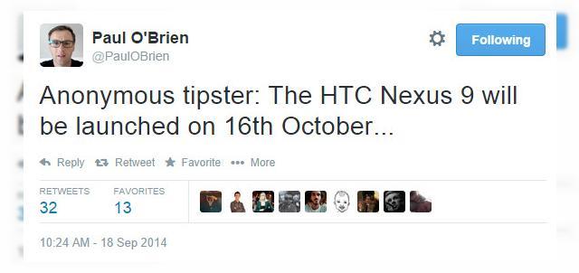 <b>HTC Nexus 9 se lansează pe 16 octombrie, conform unei surse de Încredere</b>Paul O&#39;Brien este fondatorul comunității MoDaCo și cel care a propagat cel mai nou zvon despre Nexus 9. Se pare că noua tableta Google Nexus va sosi pe 16 octombrie, iar Paul O&#39;Brien citează un tipster de încredere în privința acestei...