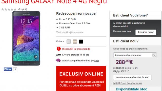 <b>Samsung Galaxy Note 4 disponibil de azi la precomanda la Vodafone România</b>Vodafone România anunța astăzi oferirea la precomanda a lui Samsung Galaxy Note 4, disponibil pe site-ul operatorului. Vestea vine după ce vă informăm că Orange România, Quickmobile.ro și eMAG.ro au oferit același device la comandă. ...