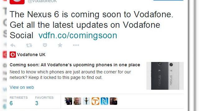 <b>Motorola Nexus 6 confirmat pentru lansare de Vodafone UK, va sosi probabil și prin Vodafone România</b>Contul de Twitter Vodafone UK a confirmat sosirea lui Motorola Nexus 6 în oferta sa în curând, deci ne așteptăm și că Vodafone România să aducă terminalul în portofoliul său în curând.&nbsp; &nbsp; Cu puțin timp în urma aflăm că Nexus 6...