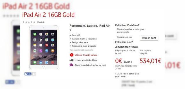 <b>iPad Air 2 și iPad Mini 3 În variantele cu WiFi+4G disponibile de astăzi prin Vodafone</b>După ce ieri, tabletele iPad Air 2 și iPad Mini 3 debutau în stocurile celor de la eMAG, astăzi, noile produse se regăsesc și în oferta operatorului Vodafone, acestea fiind versiunile ce oferă atât conectivitate WiFi, cât și tehnologia 4G LTE....