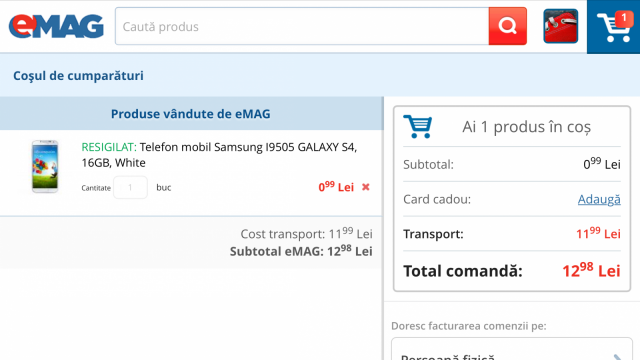 <b>Samsung Galaxy S4 resigilat la doar 1 leu pe eMAG.ro!</b>Pentru câteva minute, cei atenți, au reușit să comande de pe eMAG produse resigilate la prețul de 1 leu! Am comandat de test un Samsung Galaxy S4 de 16 GB și cu tot cu transport, am avut de plătit fix 12,98 Lei! &nbsp; Comanda în acest moment este...