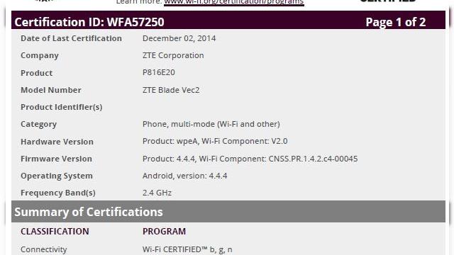 <b>ZTE Blade Vec2 primește certificare din partea agenției Wi-Fi Alliance</b>Recent, un nou terminal de origine chineză, mai precis ZTE Blade Vec2, a primit certificare din partea agenției Wi-Fi Alliance, acest device fiind nimeni altul decât succesorul primei generații Blade Vec. Aflăm că numărul de serie al acestui model...