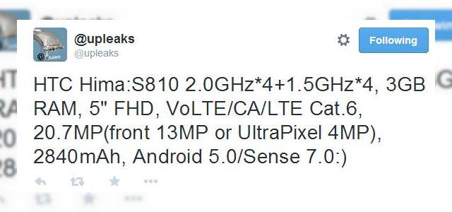 <b>HTC Hima (One M9), viitorul flagship taiwanez Își dezvăluie posibilele specificații</b>Prin intermediul unei postări recente din partea contului de Twitter @upleaks, a ieșit la iveală faptul că cei de la HTC pregătesc lansarea unui nou terminal flagship ce poartă numele de cod Hima, device ce ar putea fi lansat în prima parte a...