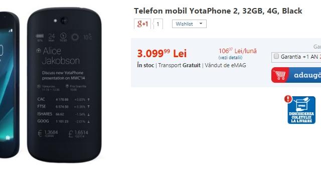 <b>Yota Phone 2 acum În stocurile eMAG și MarketOnline.ro</b>Un device prezent în acest moment pe piață care reușește să aducă ceva în plus față de concurență, este și Yota Phone 2, telefonul cu 2 display-uri. Astfel, în timp ce panoul principal este unul de tip LCD, pe spatele terminalului avem la...