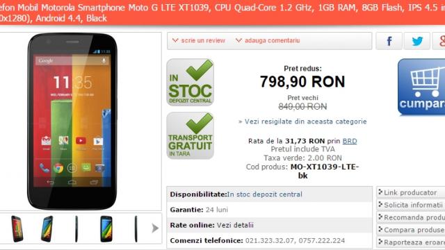 <b>Motorola Moto G (XT1039) În varianta cu 4G LTE coboară sub pragul de 800 lei la MarketOnline.ro</b>Printre cele mai interesante device-uri lansate de Motorola anul trecut din punct de vedere al raportului calitate-preț, a fost și Moto G XT1039, acesta fiind varianta cu 4G LTE al modelului standard lansat pe piață în 2013. Descoperim că acest...