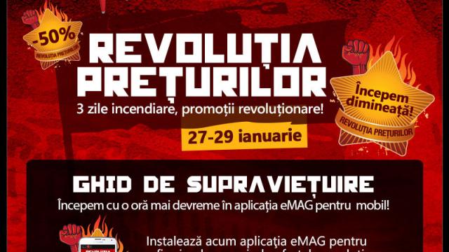 <b>eMAG pregătește Revoluția Prețurilor pentru ziua de mâine; reduceri incendiare timp de 3 zile</b>Chiar acum câteva momente, cei de la eMAG ne-au anunțat prin intermediul unui newsletter despre o nouă campanie de reduceri semnificative ce se va desfășura timp de 3 zile începând de mâine 27 ianuarie. Astfel pe parcursul acestor zile vom putea...